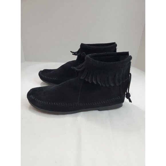Minnetonka Women's Moccasin Size 5 Black Suede Ankle Fringe Zip Boots Leather - Picture 7 of 11